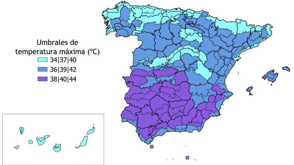 Umbrales de temperatura máxima (°C) por zonas de Meteoalerta