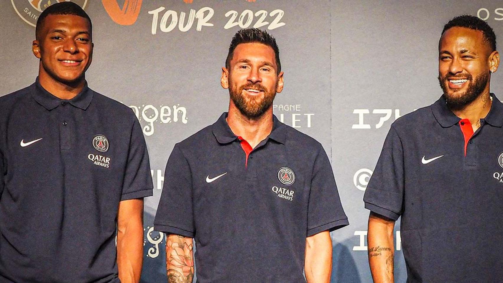 Kylian Mbappé, Leo Messi y Neymar Jr, durante la gira de pretemporada del PSG en 2022