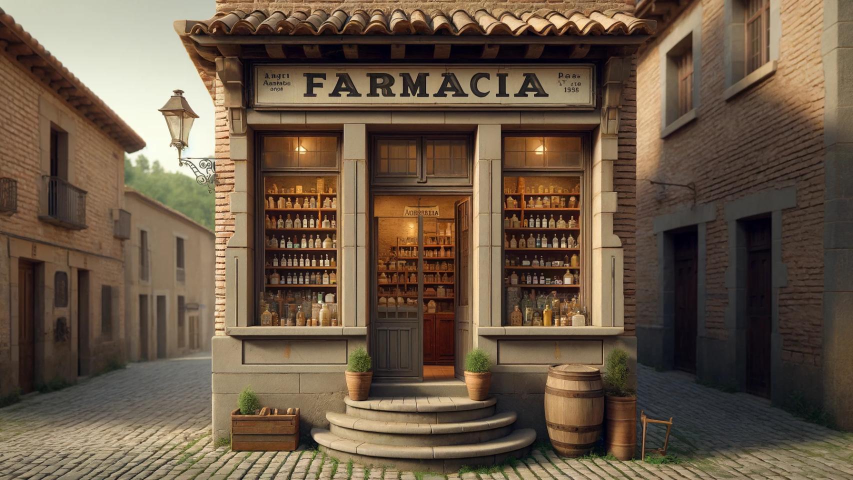 Farmacia antigua en un pequeño pueblo generado con IA