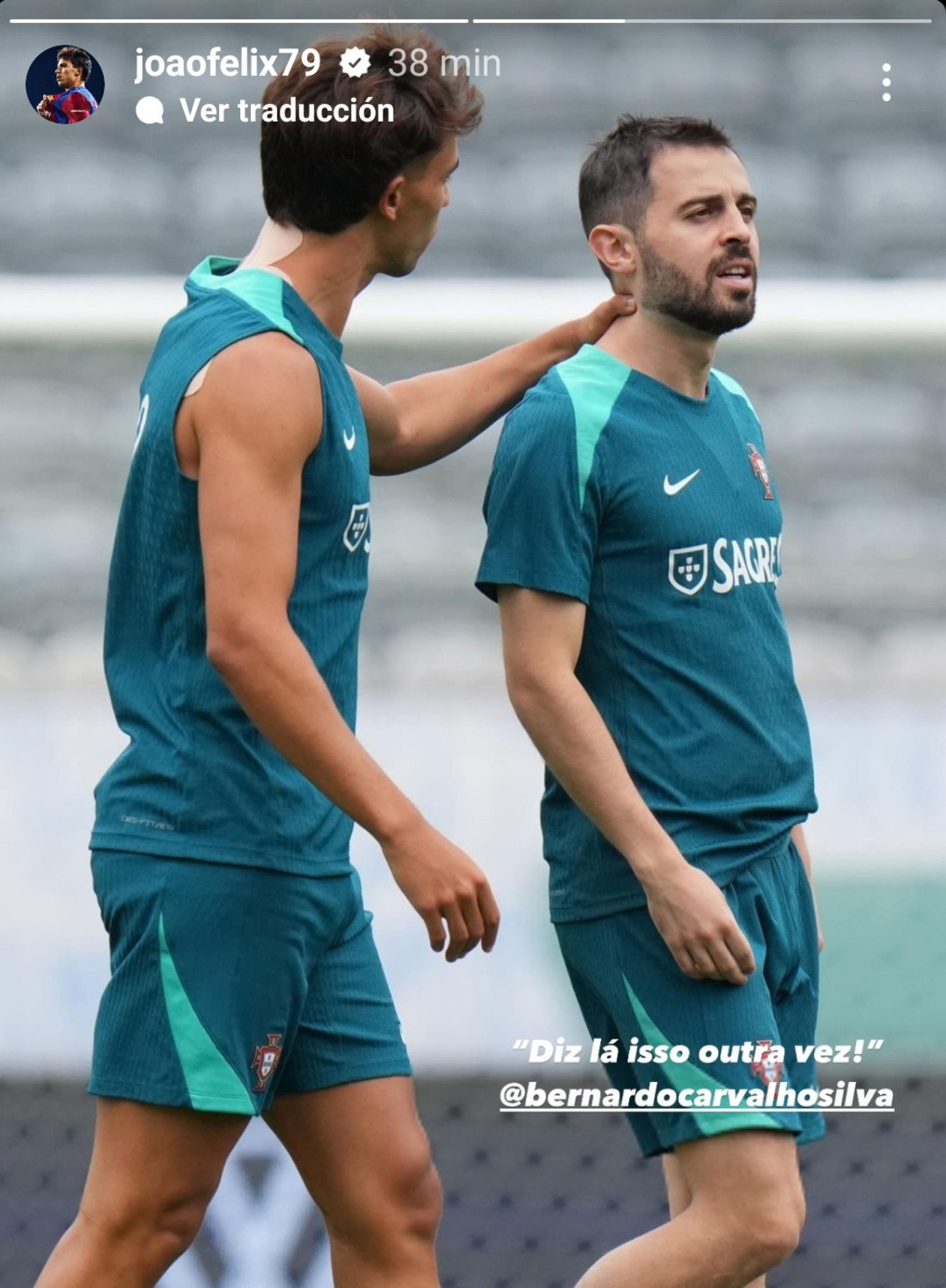 Joao Félix, junto a Bernardo Silva, en el entrenamiento de Portugal