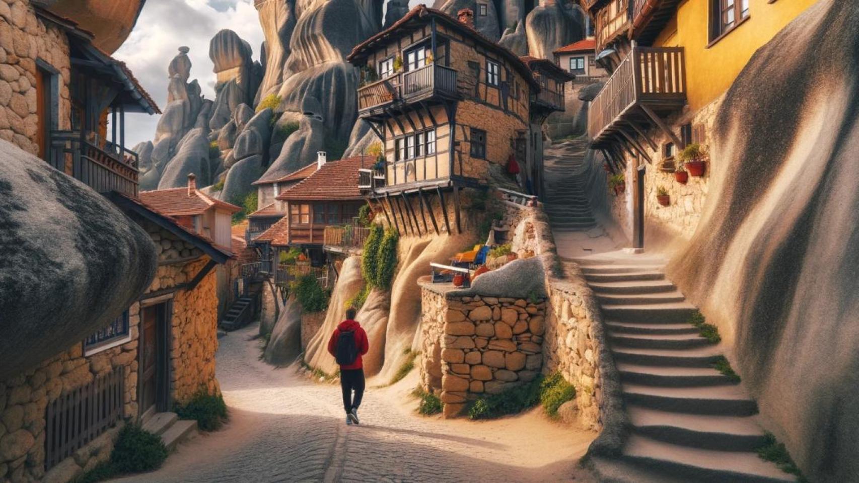 Pueblo entre rocas creado por IA