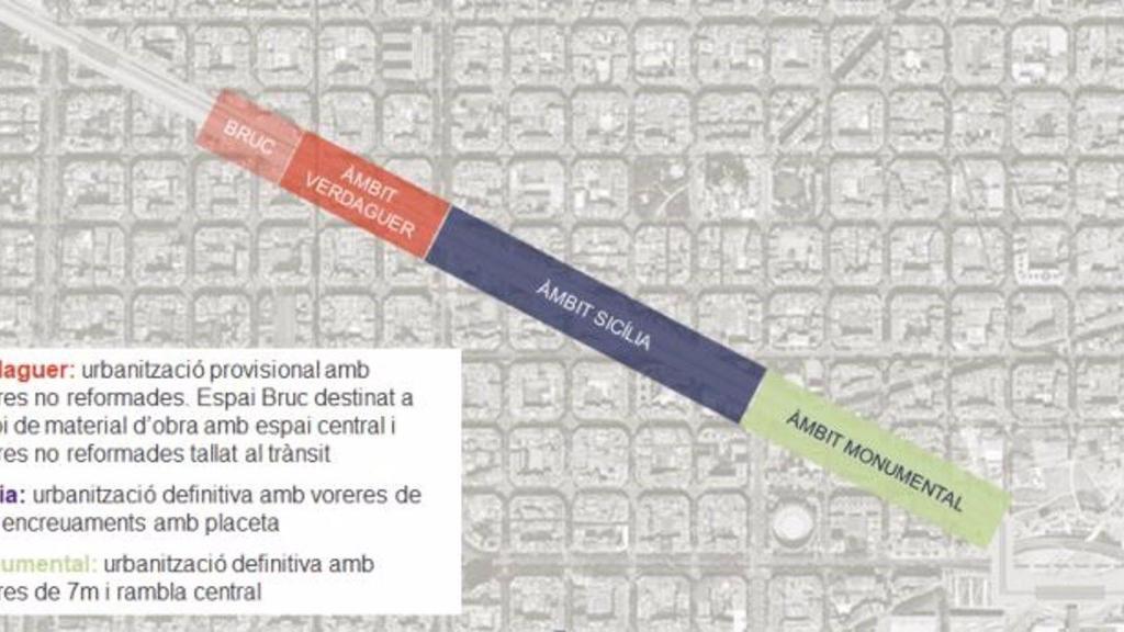 Mapa gráfico con los ámbitos de actuación en el primer tramo de unión del tranvía en la Diagonal