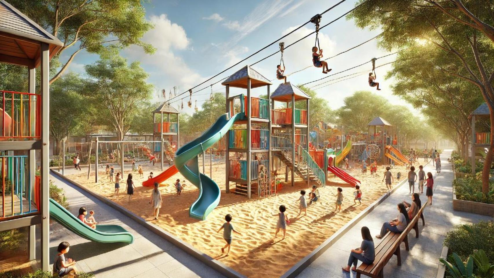 Parque con toboganes y tirolinas generado con IA