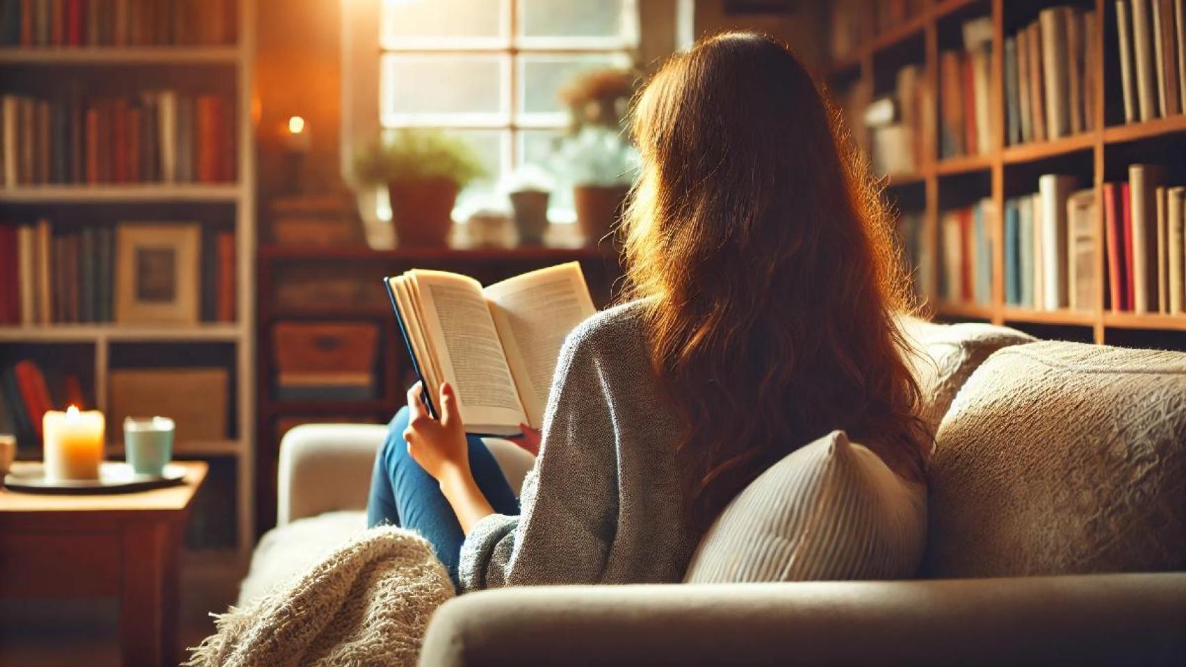 Mujer de espaldas leyendo generada con IA