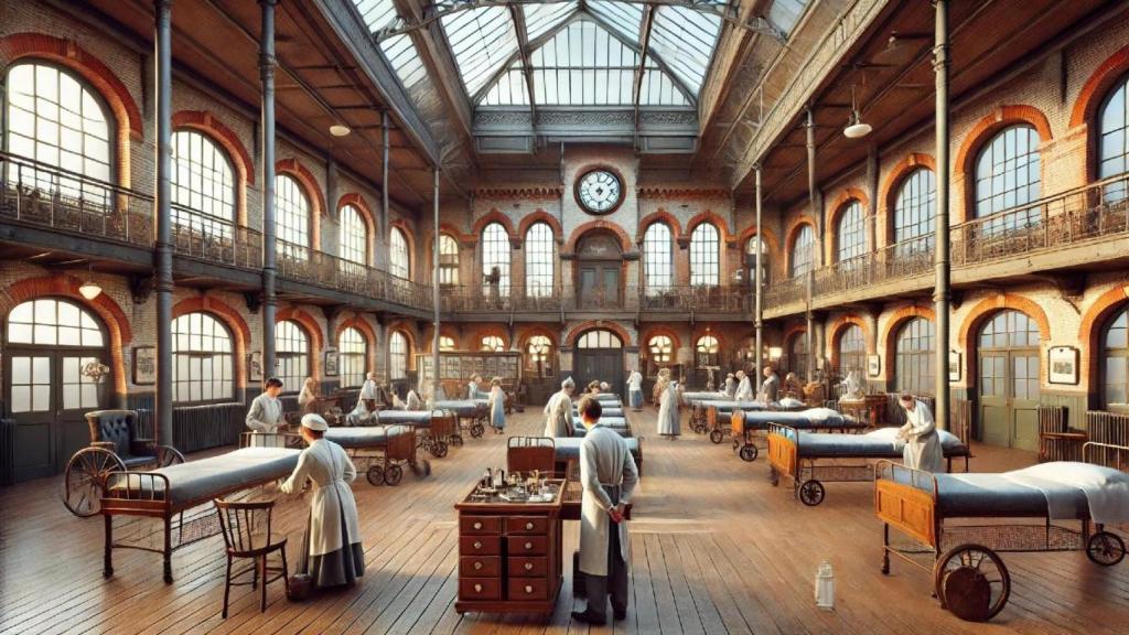 Interior de un hospital antiguo generado con IA