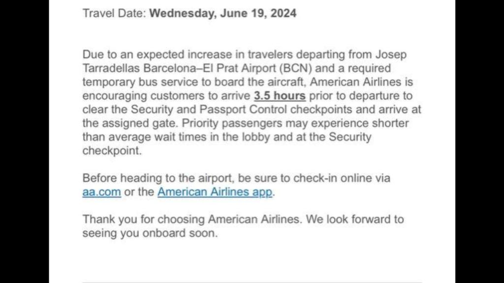 Mensaje de American Airlines a un pasajero