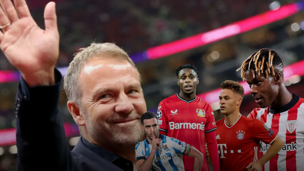 Hansi Flick con posibles fichajes del Barça en un fotomontaje