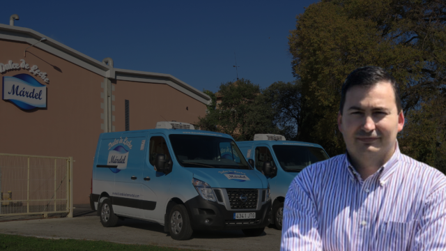 Fotomontaje de Diego Maccari, CEO de Caro Import, con la planta de producción de dulce de leche al fondo