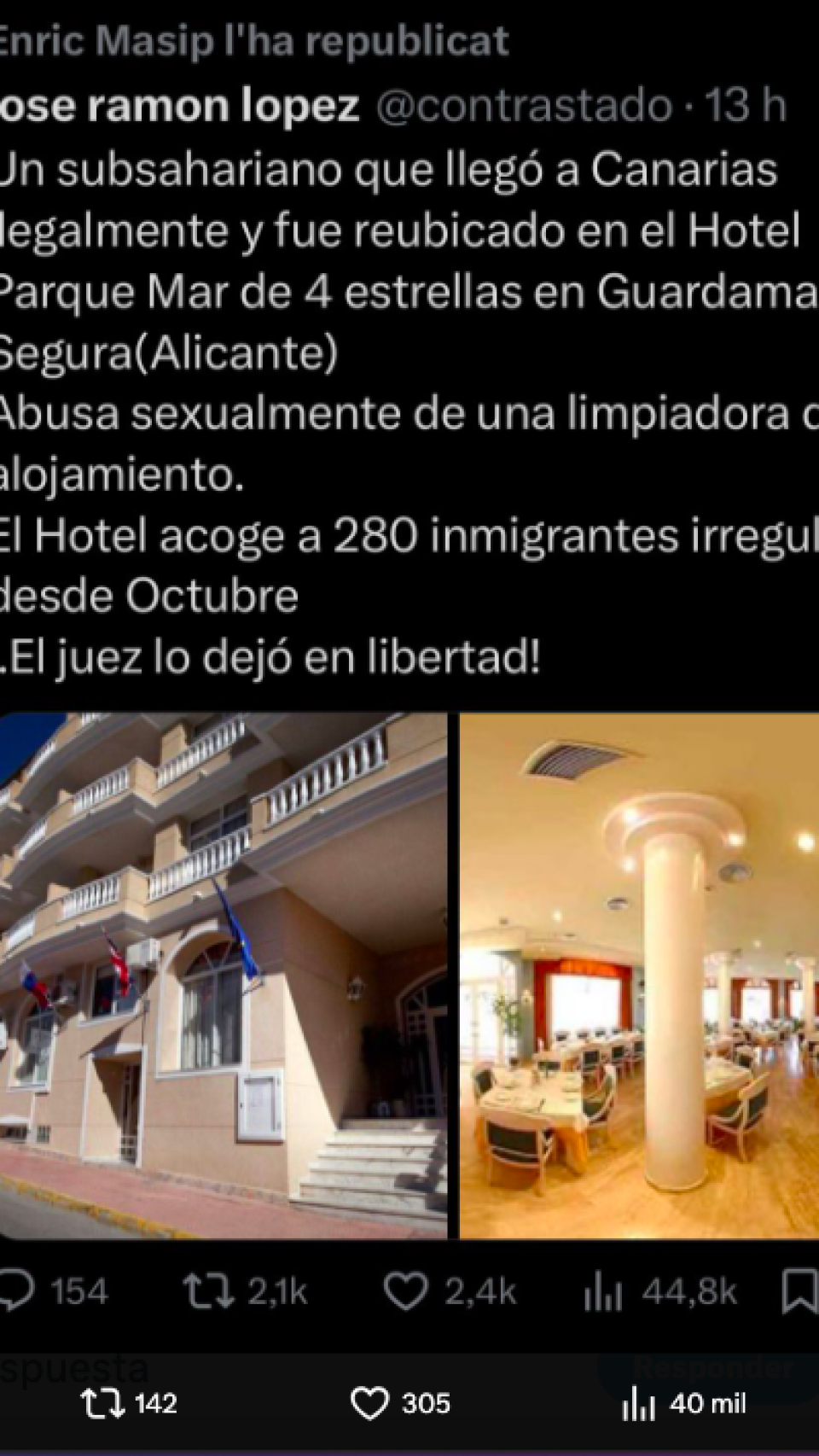 Tuit de Masip sobre inmigrantes irregulares