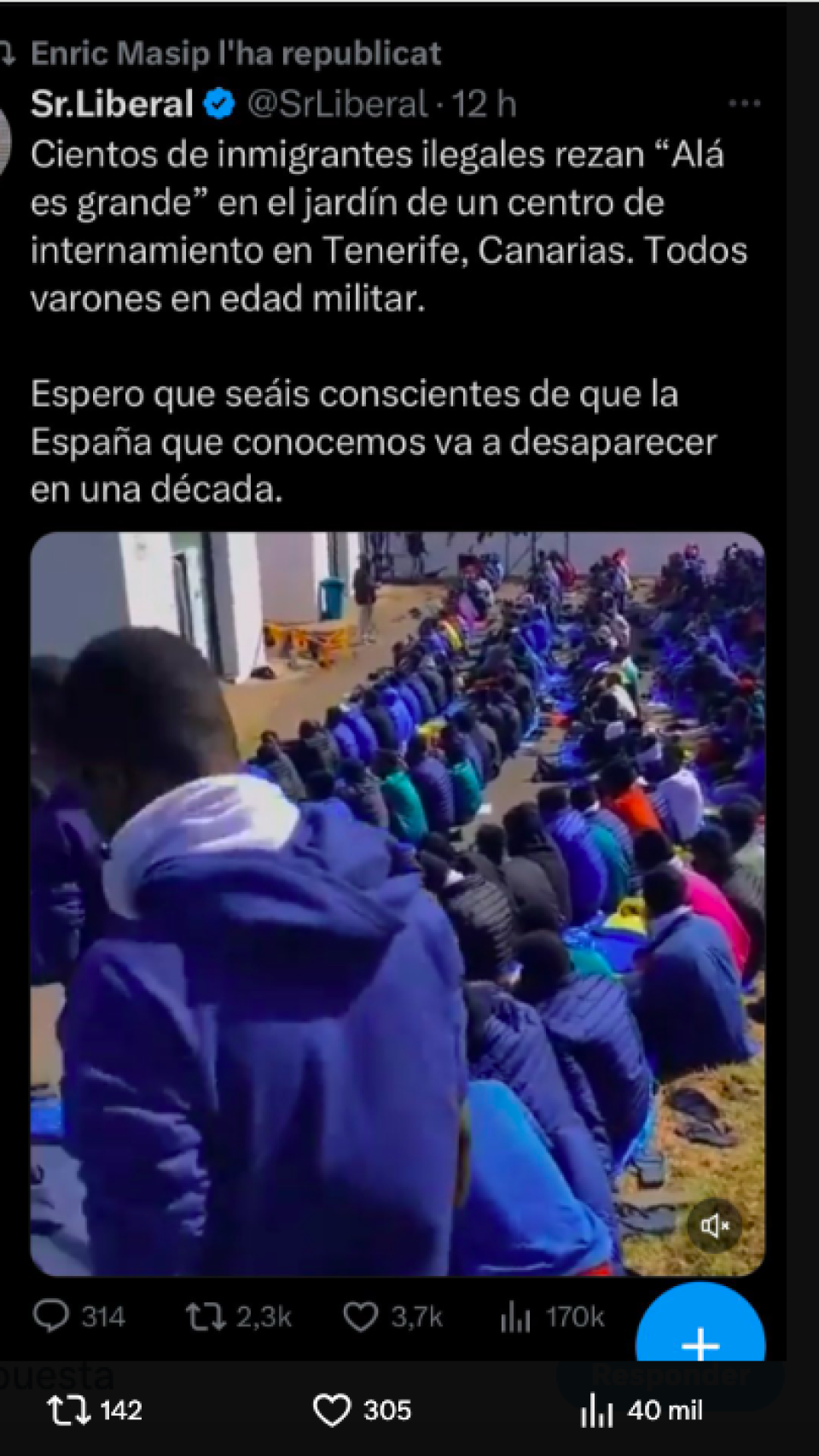 Tuit de Masip sobre inmigrantes ilegales