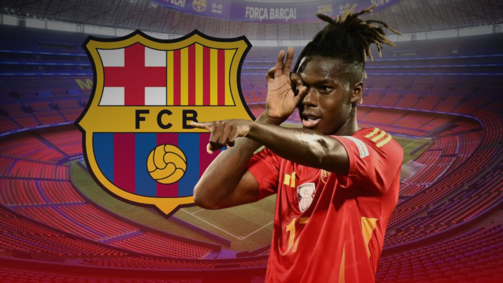 Nico Williams apuntando al escudo del Barça, con el nuevo Camp Nou de fondo, en un fotomontaje