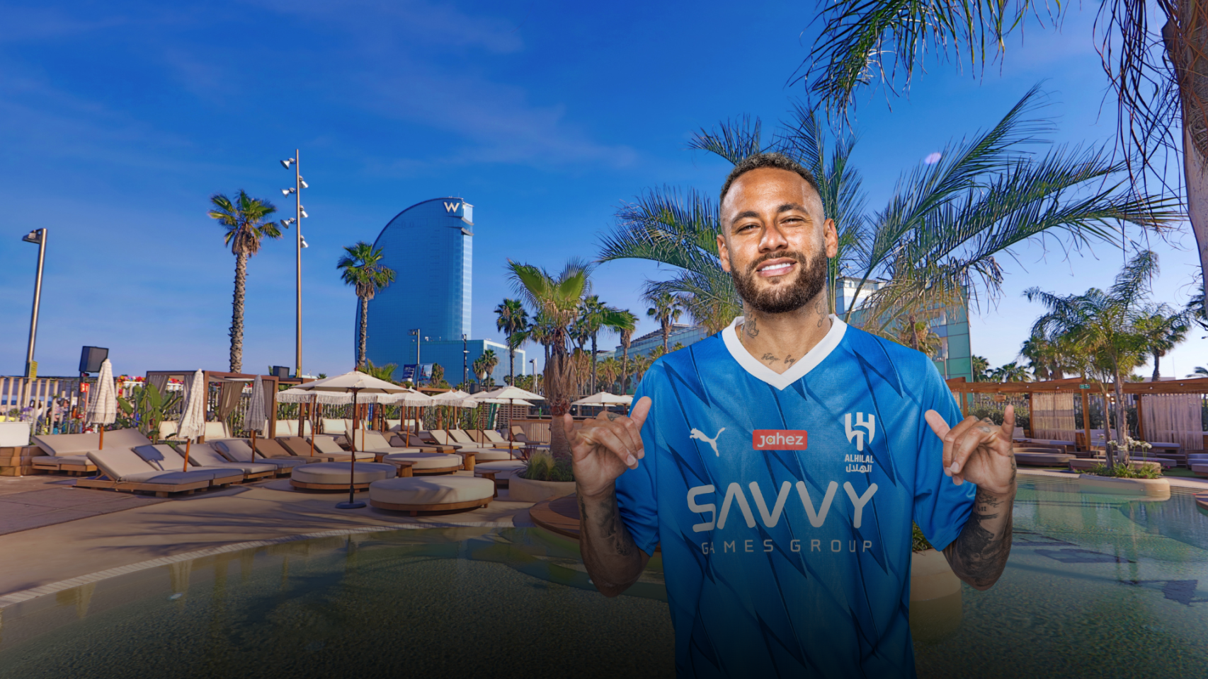 Neymar en un montaje con el Bastian Beach de fondo