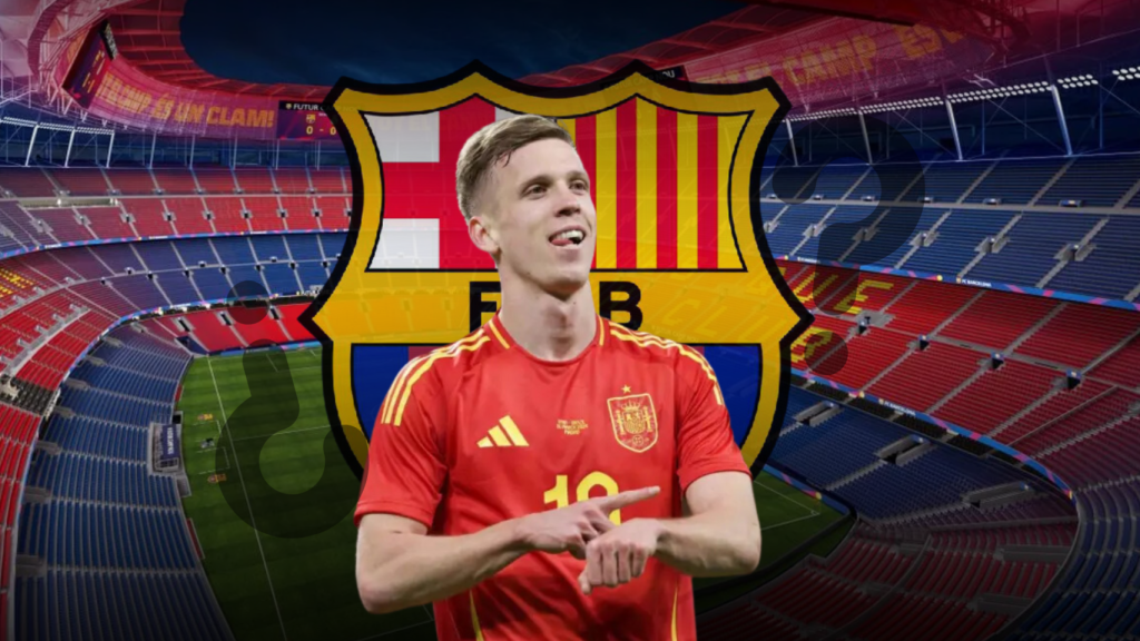 Dani Olmo en un fotomontaje con el Camp Nou y el escudo del Barça