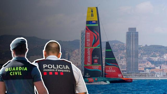 Fotomontaje donde aparece un agente de los Mossos y uno de la Guardia Civil con un velero de la Copa América