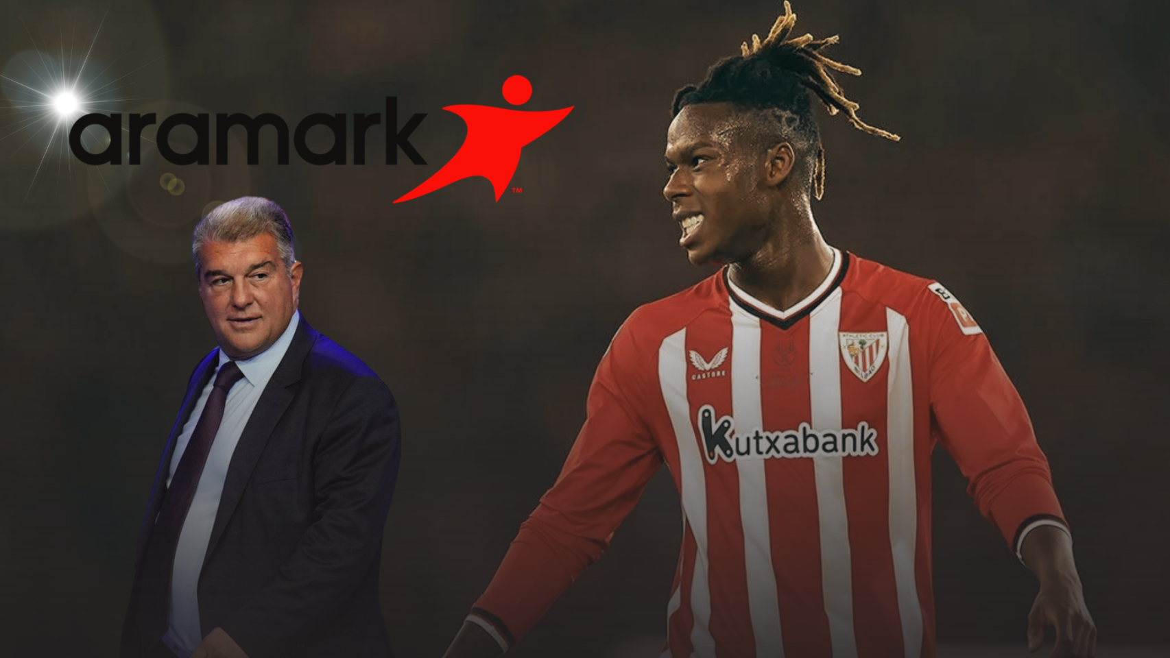 Joan Laporta, Aramark y Nico Williams en un fotomontaje