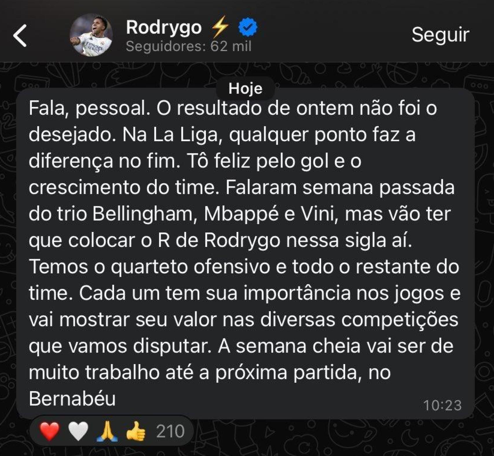 El mensaje de Rodrygo Goes en su canal oficial de WhatsApp