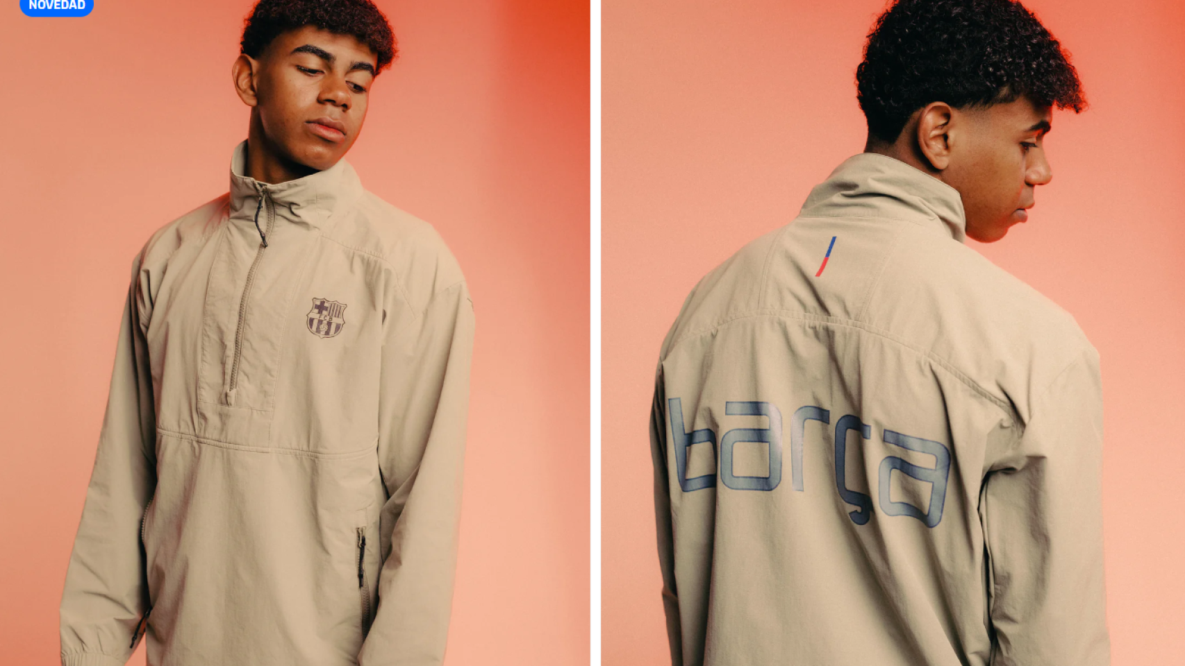 Lamine Yamal presenta la nueva chaqueta beige de la colección Essentials del Barça