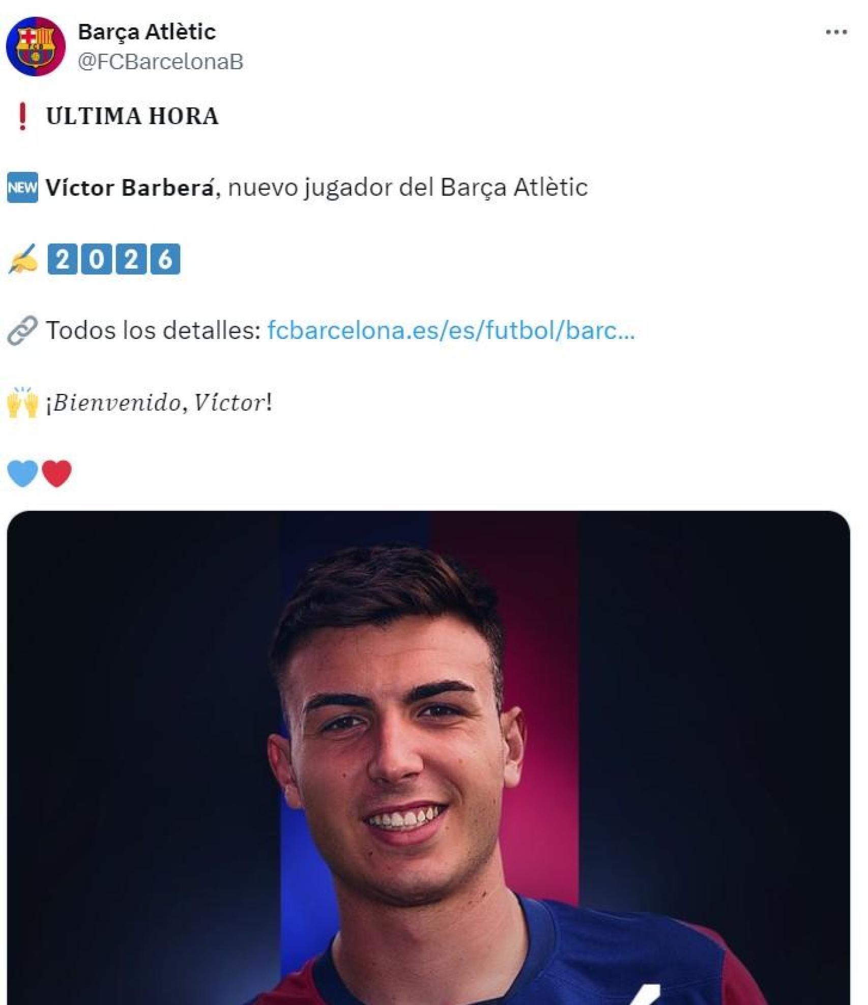 El Barça B anuncia el fichaje de Víctor Barberà