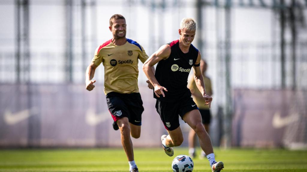 Dani Olmo, durante un entrenamiento del Barça