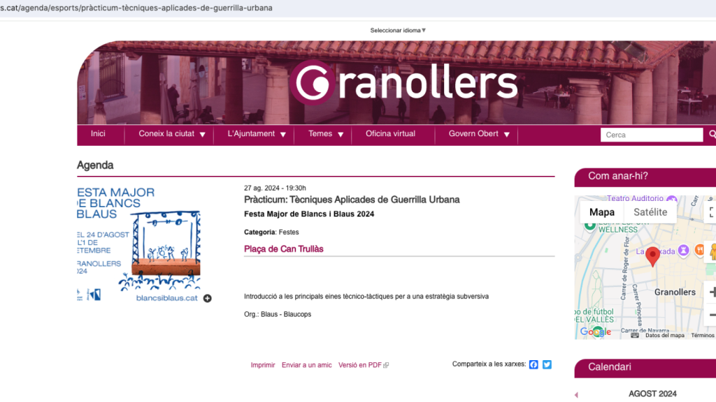 Acto de técnicas de guerrilla urbana incluido en la agenda de la web del Ayuntamiento de Granollers (granollers.cat)