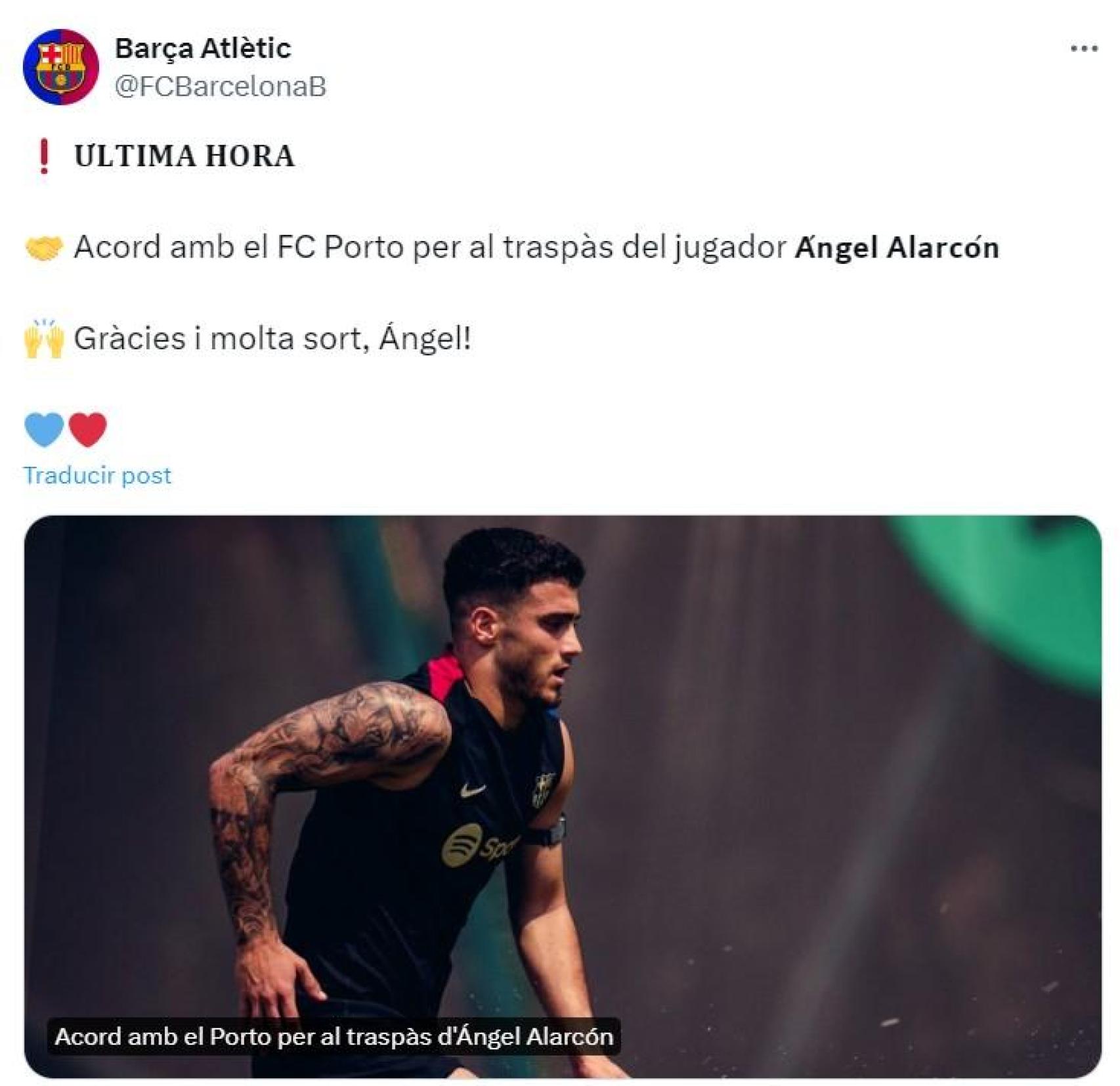El Barça B anuncia el traspaso de Ángel Alarcón al Oporto
