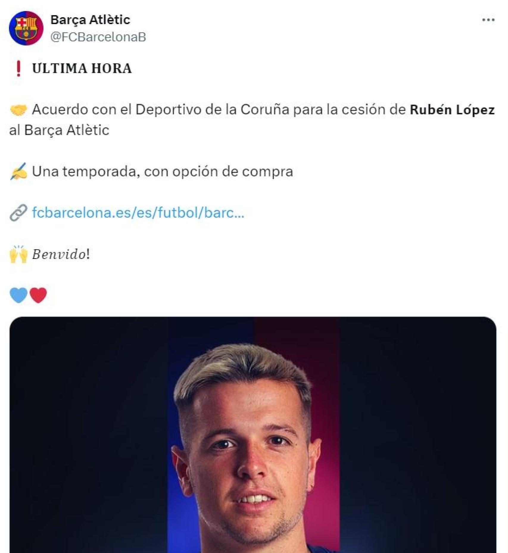 El Barça B comunica el fichaje de Rubén López