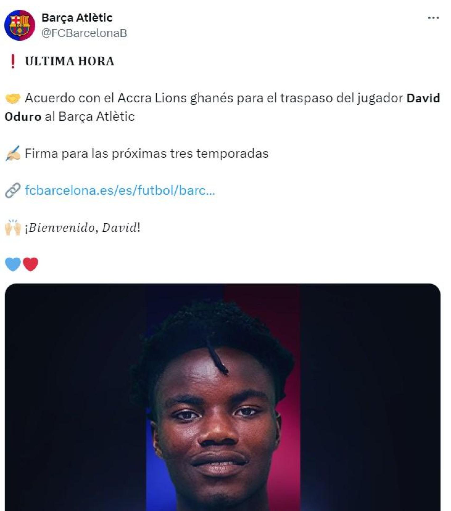 El Barça B ficha a David Oduro para el lateral izquierdo