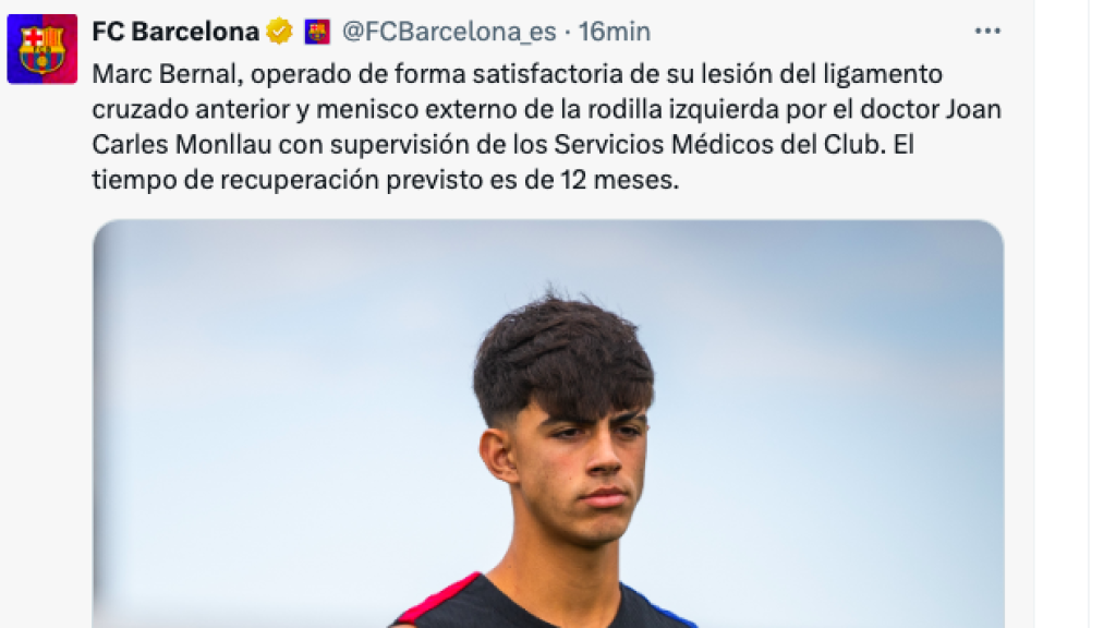 Comunicado del Barça sobre la operación de Marc Bernal