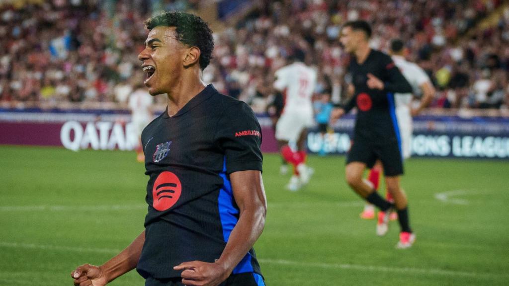 La euforia de Lamine Yamal tras marcar su primer gol en la Champions