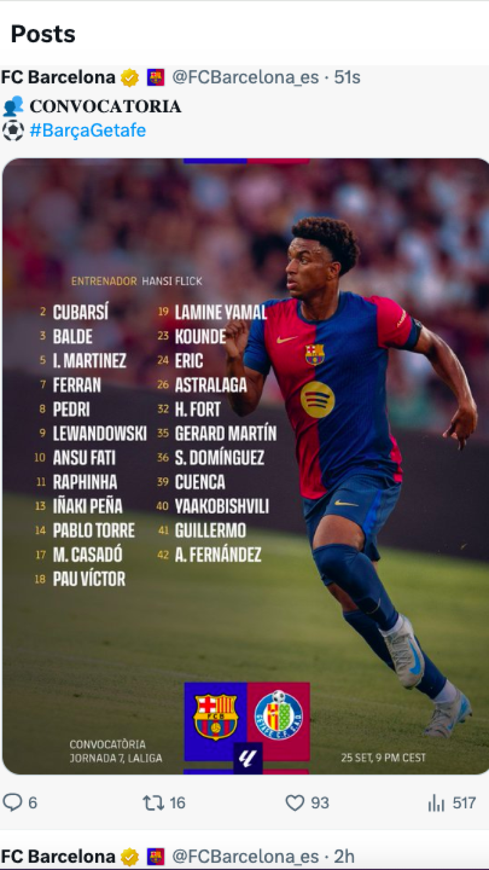 Convocatoria de Flick para el Barça-Getafe