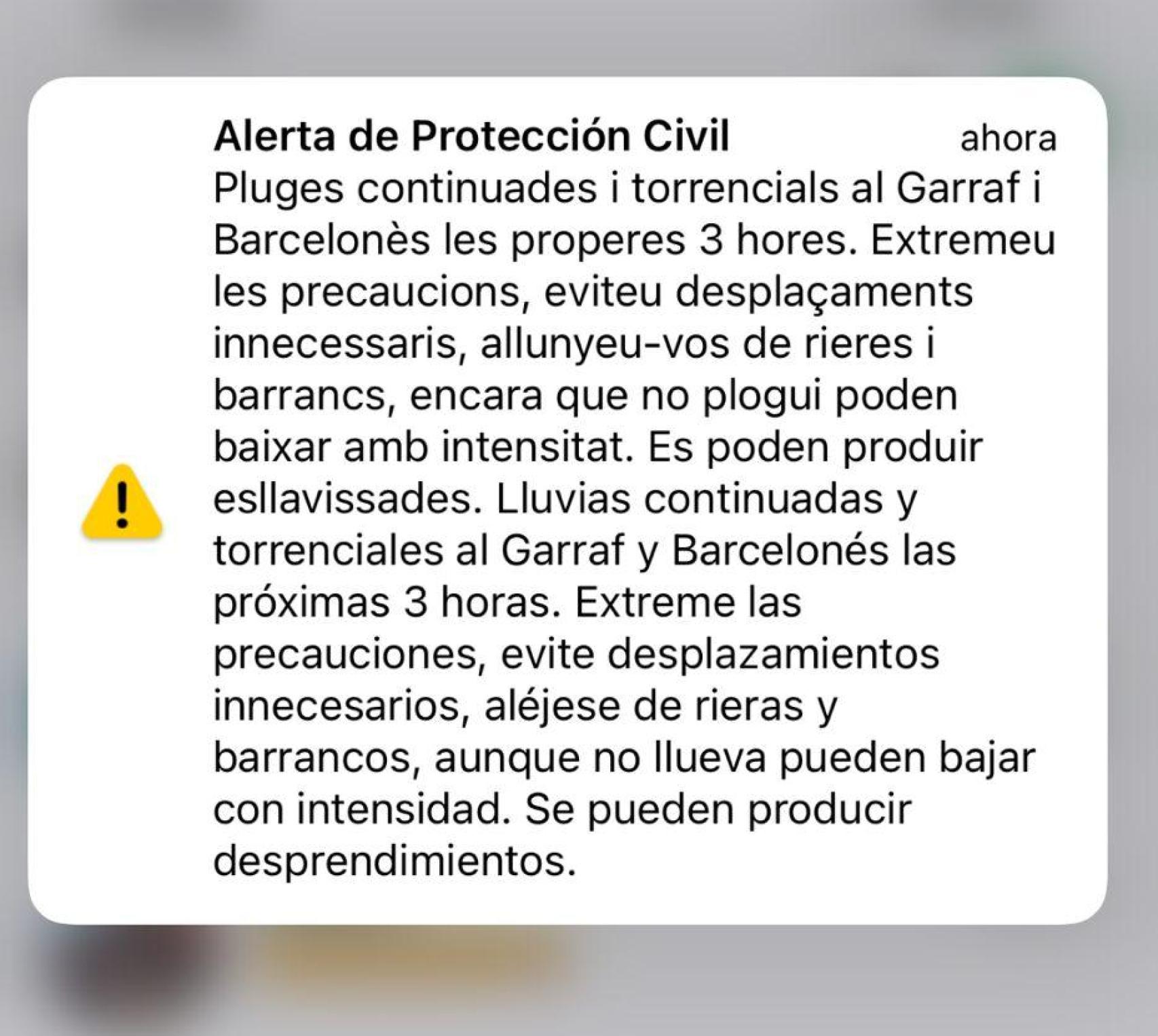 Una alerta enviada a los móviles de Protecció Civil