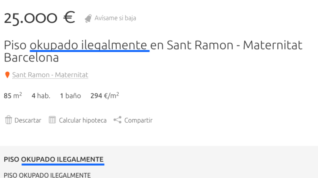 Anuncio en Habitaclia de un piso okupado en venta en Sant Ramón, Barcelona