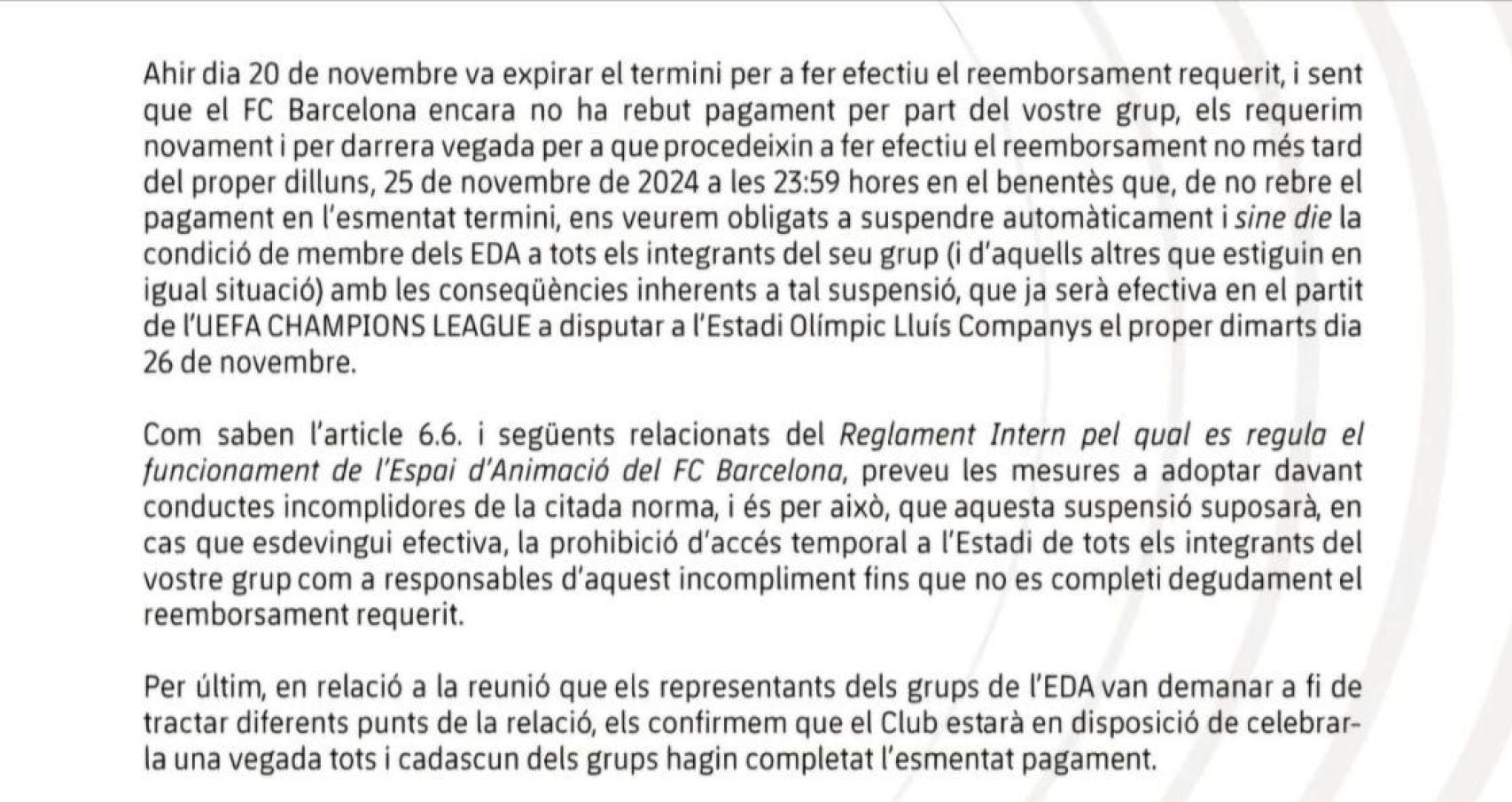 Comunicado del Barça enviado a los miembros de la Grada d'Animació en el que se amenaza con la disolución del colectivo