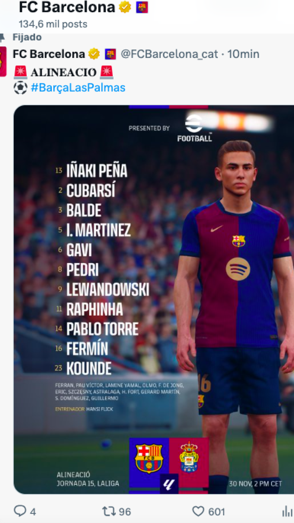 Alineación del Barça contra Las Palmas