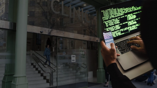 Fotomontaje del Hospital Clínic y un hacker