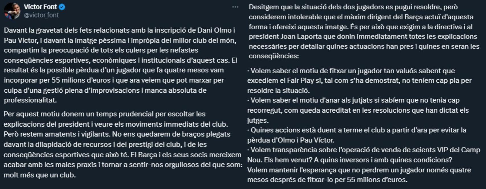El contundente comunicado de Víctor Font sobre el caso Dani Olmo