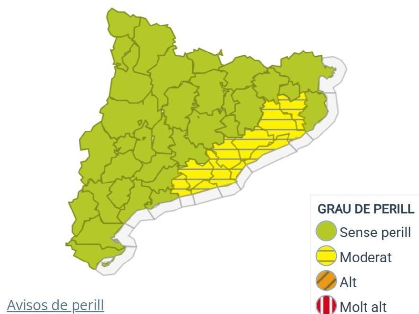 Mapa d'avísos de Catalunya del Meteocat a 9 de gener de 2025