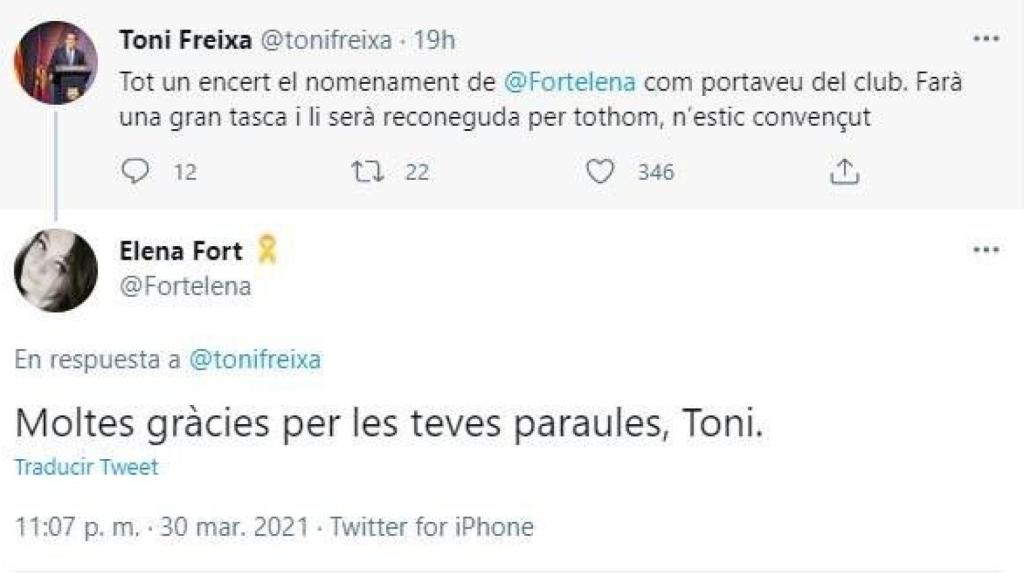 Toni Freixa elogia la elección de Elena Fort como portavoz de la junta directiva del Barça