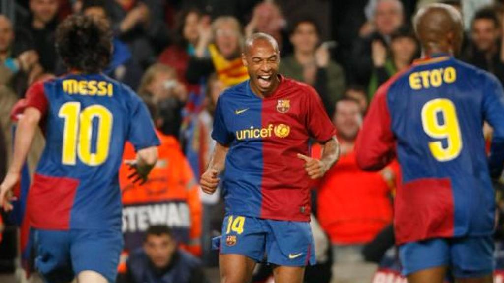 Leo Messi, Thierry Henry y Samuel Eto'o, tridente del Barça 2008-09