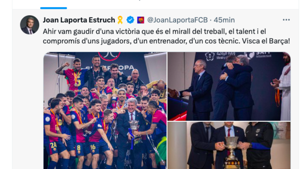Tuit de Laporta tras ganar el Barça la Supercopa