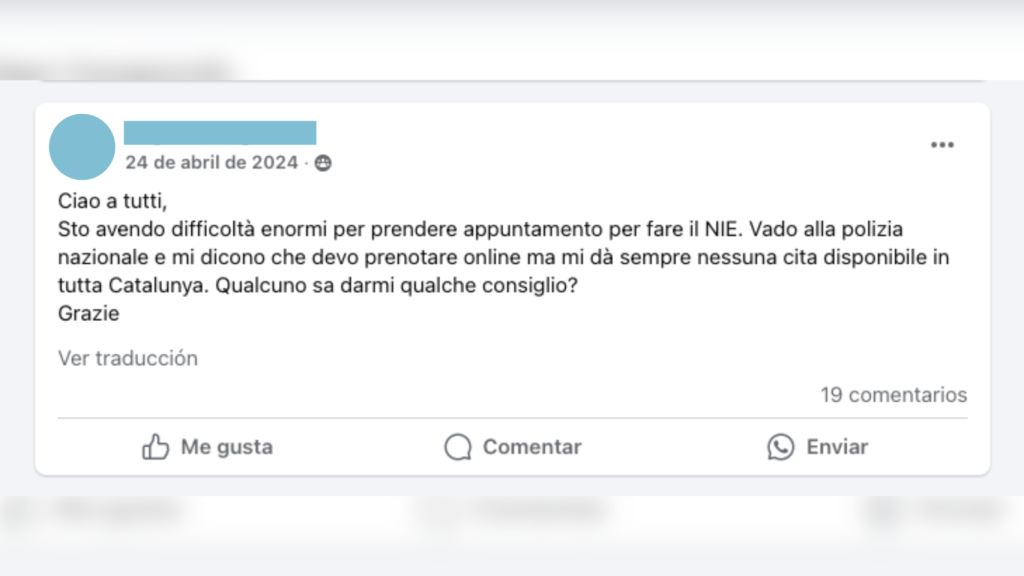 Un estranger demana consells per a aconseguir la cita prèvia del NIE en un grup de Facebook