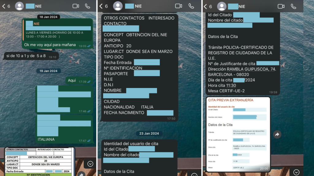 Captures de la conversa entre Paolo (sol·licitant) i el venedor de la cita prèvia per a tramitar el NIE