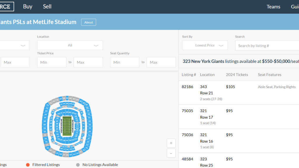 Página de 'personal seat license' (psl) de los Giants de la NFL