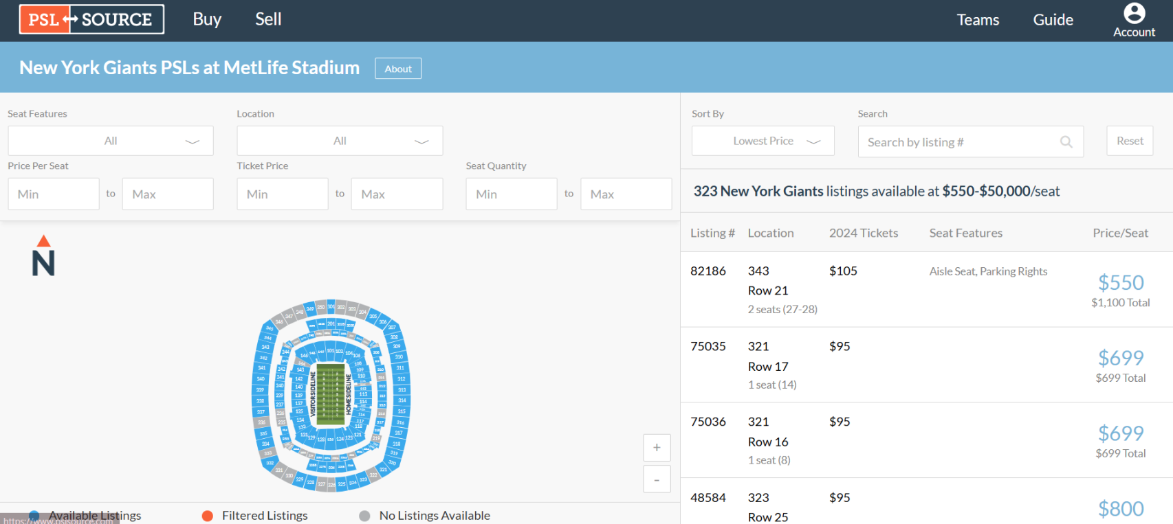 Página de 'personal seat license' (psl) de los Giants de la NFL