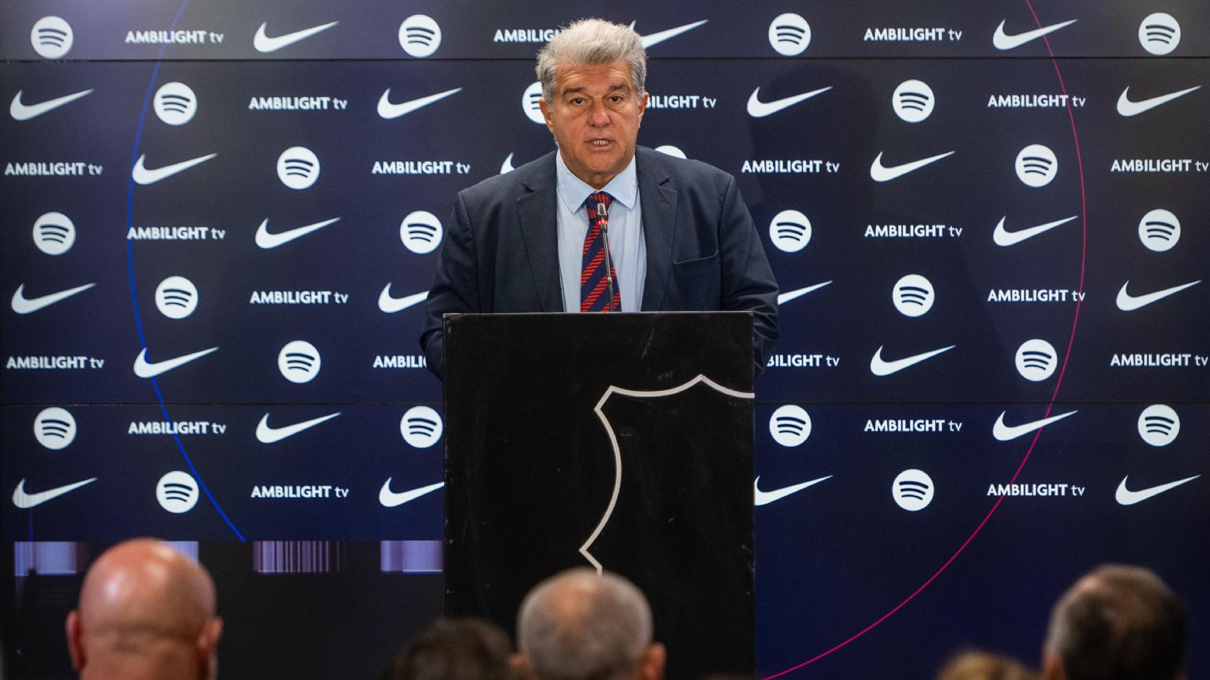 Joan Laporta, presidente del Barça, en una rueda de prensa celebrada en la Ciutat Esportiva