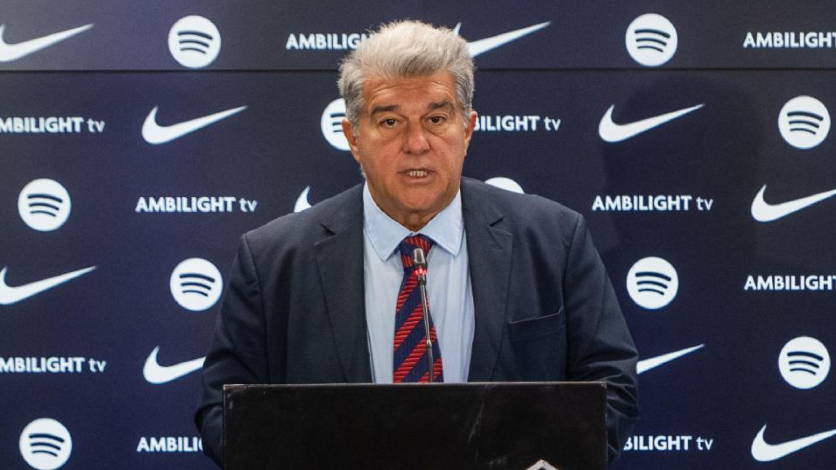 Joan Laporta, presidente del Barça, en una rueda de prensa celebrada en la Ciutat Esportiva