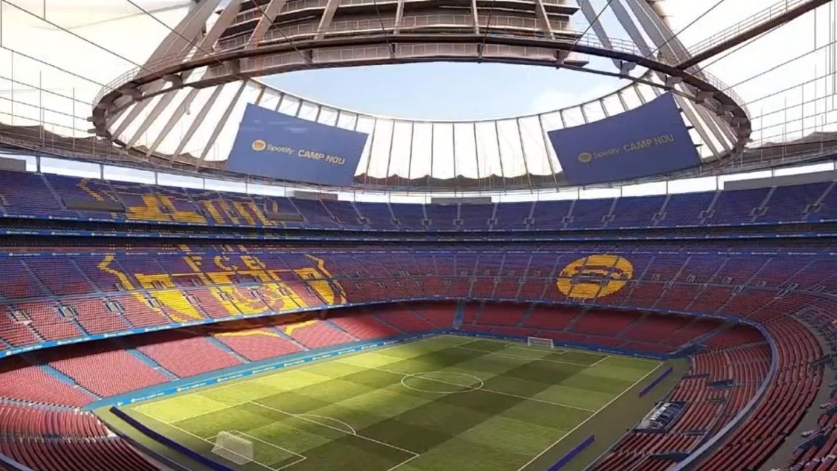 Un render del nuevo Camp Nou con los tres videomarcadores