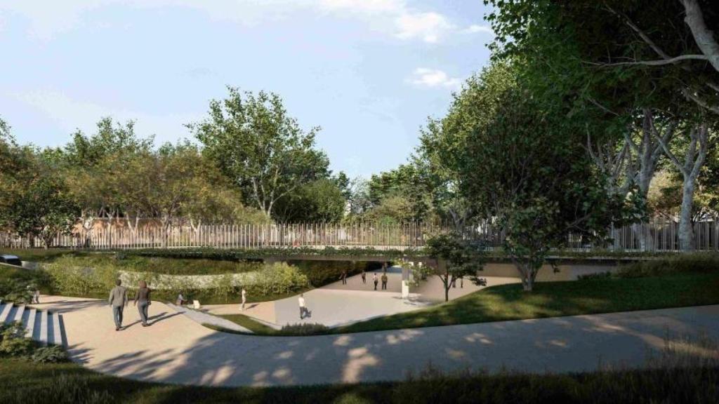 Imatge de la futura remodelació del Parc de la Ciutadella en la qual s'aprecia el pont per sobre de l'accés inferior al zoo