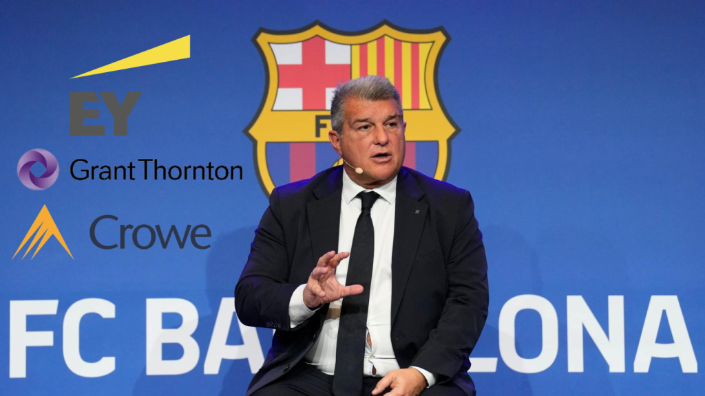 Joan Laporta y las auditoras Ernst & Young, Grant Thornton y Crowe, en un montaje