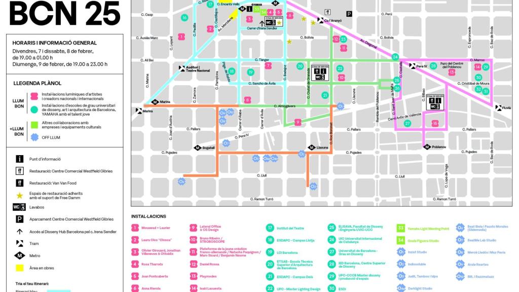 Mapa amb els itineraris del festival Llum BCN 2025